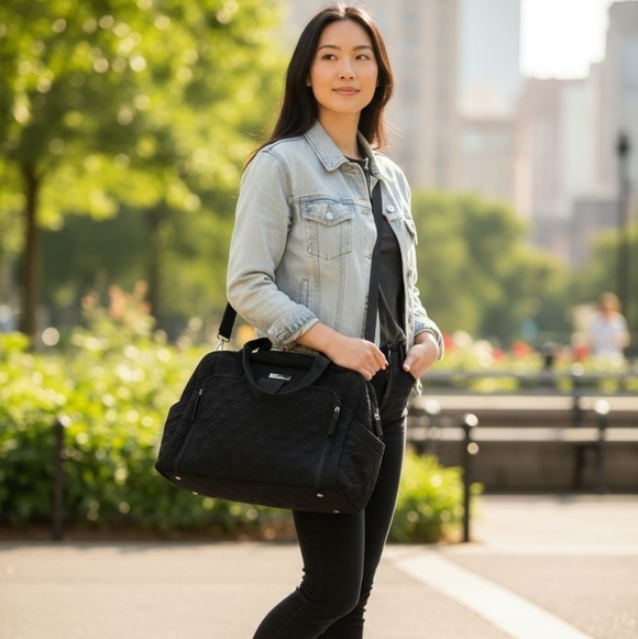 Vera Bradley Black Quilted Diaper Bag Tote Large W/Changing Pad Stroller Travel - Picture 1 of 13